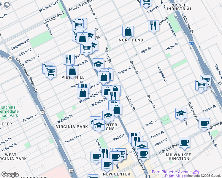 map of restaurants, bars, coffee shops, grocery stores, and more near 30 East Philadelphia Street in Detroit