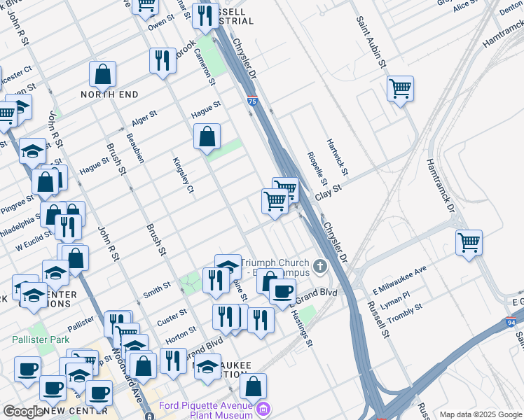 map of restaurants, bars, coffee shops, grocery stores, and more near 7836 Melrose Street in Detroit