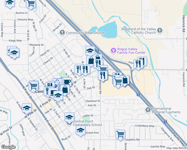 map of restaurants, bars, coffee shops, grocery stores, and more near 1014 East Pine Street in Central Point