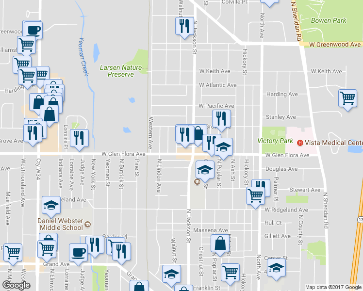 map of restaurants, bars, coffee shops, grocery stores, and more near 1313 Walnut Street in Waukegan