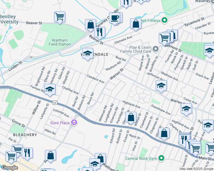map of restaurants, bars, coffee shops, grocery stores, and more near 127 Warren Street in Waltham