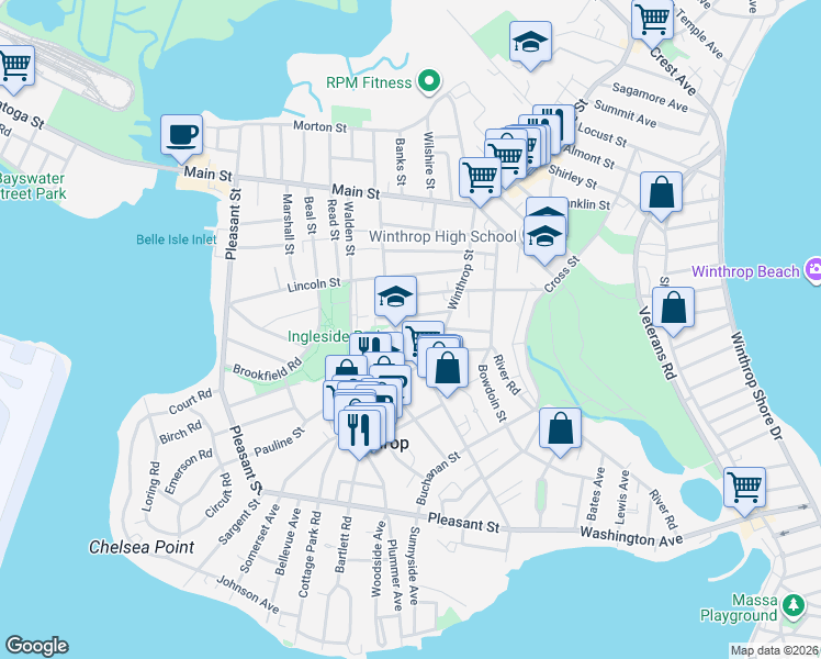 map of restaurants, bars, coffee shops, grocery stores, and more near 19 Belcher Street in Winthrop
