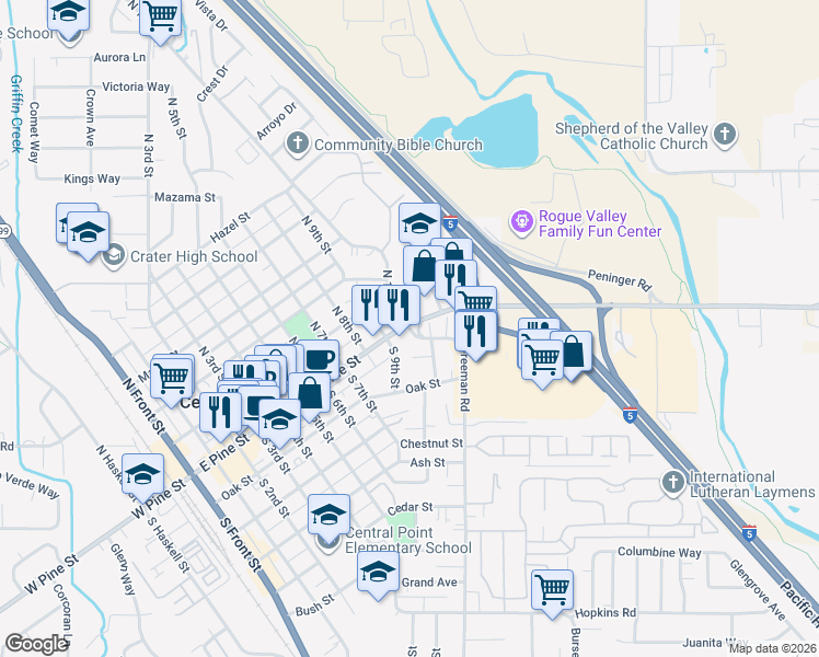 map of restaurants, bars, coffee shops, grocery stores, and more near 919 East Pine Street in Central Point