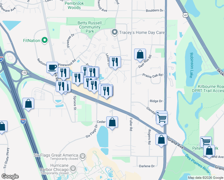 map of restaurants, bars, coffee shops, grocery stores, and more near 5217 Willow Court in Gurnee