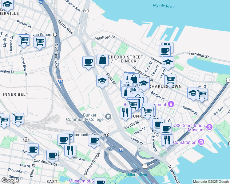 map of restaurants, bars, coffee shops, grocery stores, and more near 10 Tibbetts Town Way in Boston