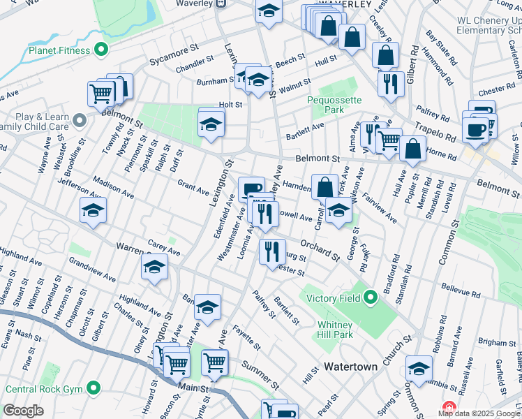 map of restaurants, bars, coffee shops, grocery stores, and more near 5 Lowell Avenue in Watertown