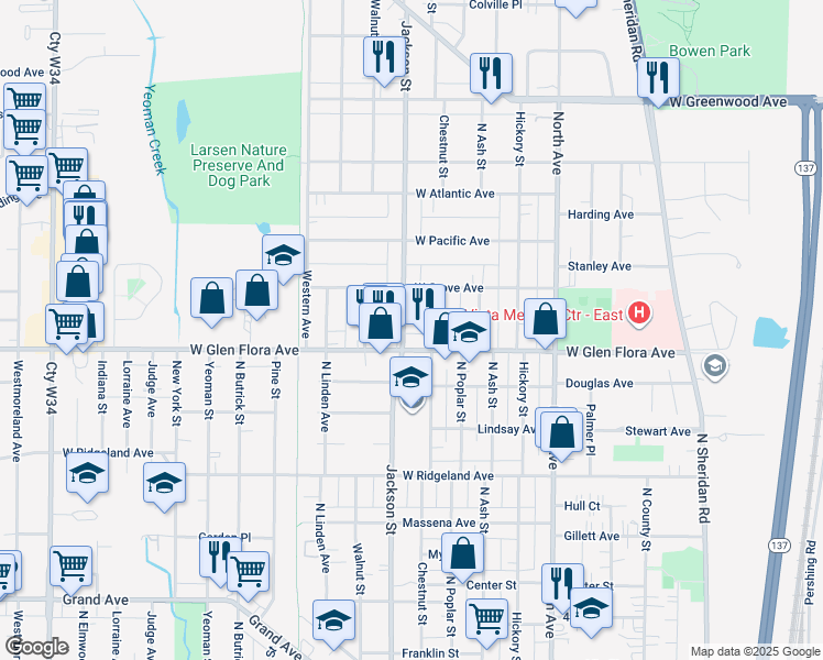 map of restaurants, bars, coffee shops, grocery stores, and more near 1313 North Jackson Street in Waukegan