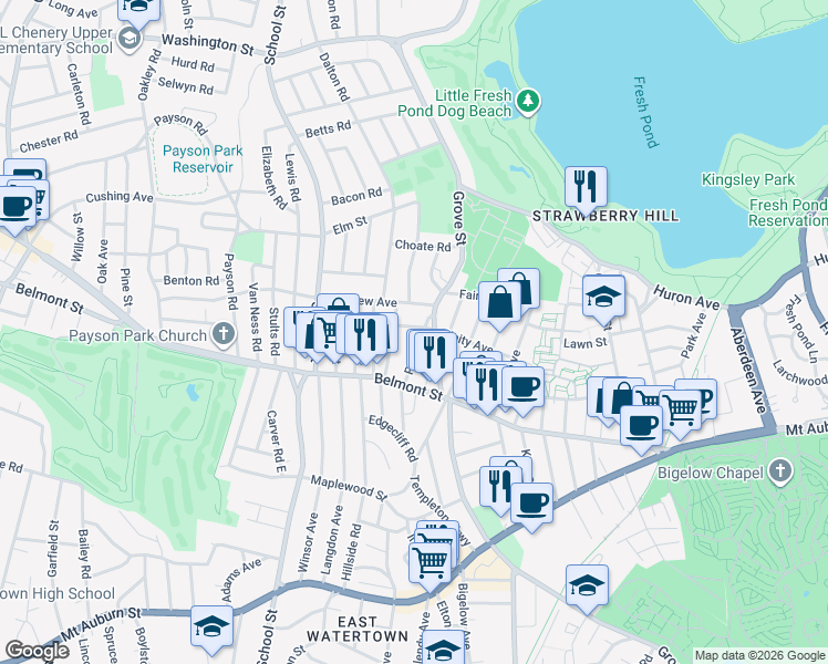 map of restaurants, bars, coffee shops, grocery stores, and more near 74 Unity Avenue in Belmont