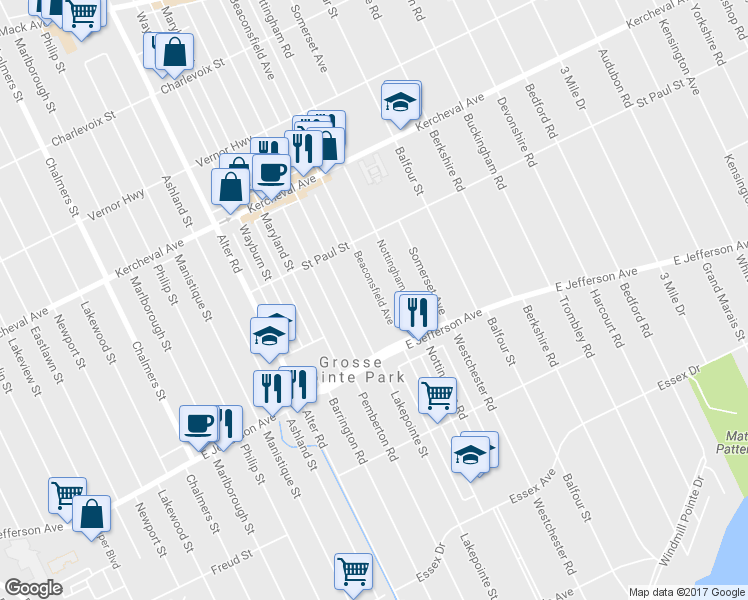 map of restaurants, bars, coffee shops, grocery stores, and more near 1029 Beaconsfield Avenue in Grosse Pointe Park