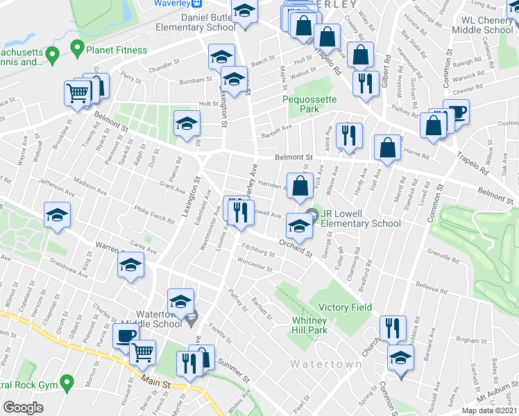 map of restaurants, bars, coffee shops, grocery stores, and more near 36 Lowell Avenue in Watertown