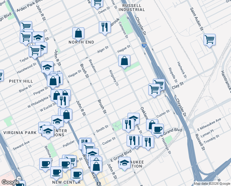 map of restaurants, bars, coffee shops, grocery stores, and more near 544 Mount Vernon Street in Detroit