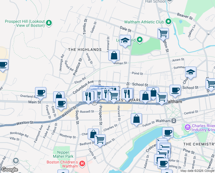 map of restaurants, bars, coffee shops, grocery stores, and more near 45b Francis Street in Waltham