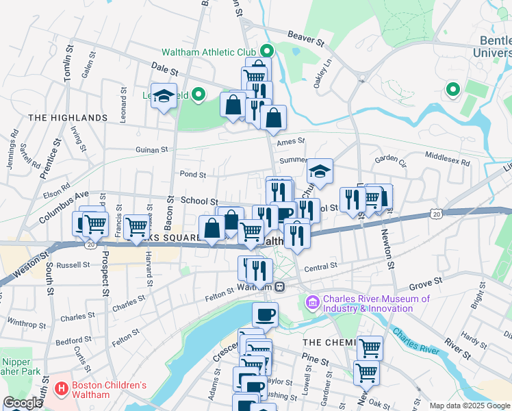 map of restaurants, bars, coffee shops, grocery stores, and more near 133 School Street in Waltham