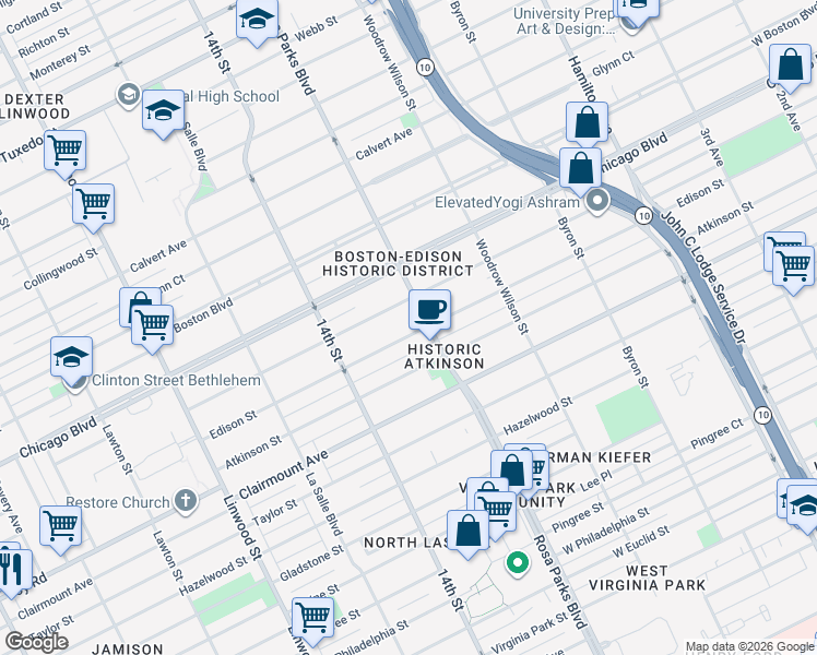 map of restaurants, bars, coffee shops, grocery stores, and more near 1934 Edison Street in Detroit