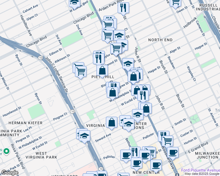 map of restaurants, bars, coffee shops, grocery stores, and more near 158 Pingree Street in Detroit