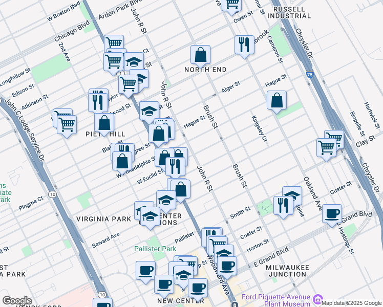 map of restaurants, bars, coffee shops, grocery stores, and more near 8403 John R Street in Detroit