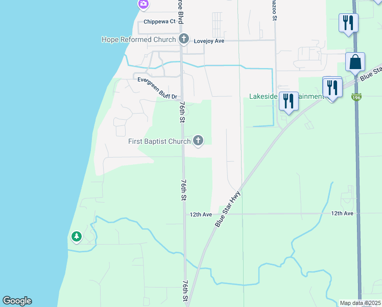 map of restaurants, bars, coffee shops, grocery stores, and more near 10781 76th Street in South Haven