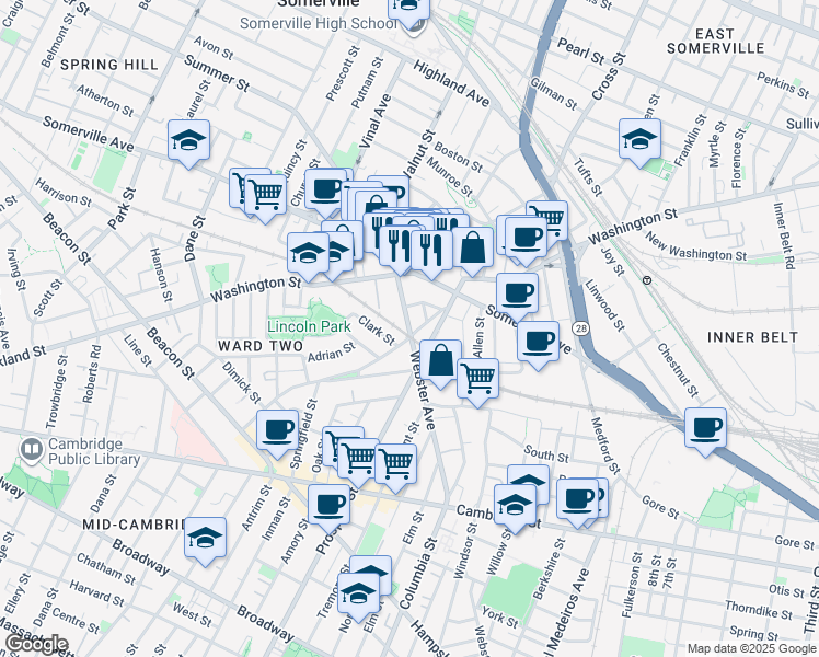 map of restaurants, bars, coffee shops, grocery stores, and more near in Somerville