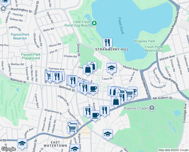 map of restaurants, bars, coffee shops, grocery stores, and more near 71 Oxford Circle in Belmont