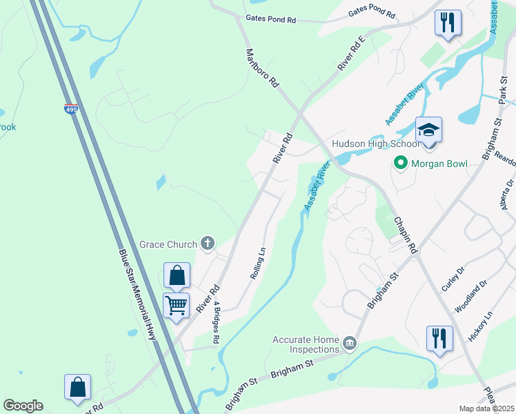 map of restaurants, bars, coffee shops, grocery stores, and more near 312 River Road in Hudson