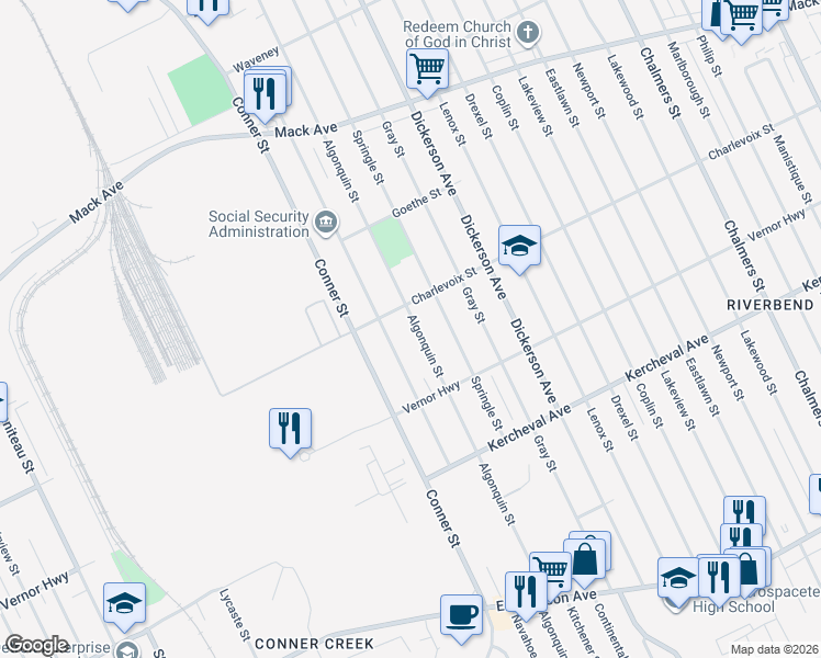 map of restaurants, bars, coffee shops, grocery stores, and more near 2647 Algonquin Street in Detroit
