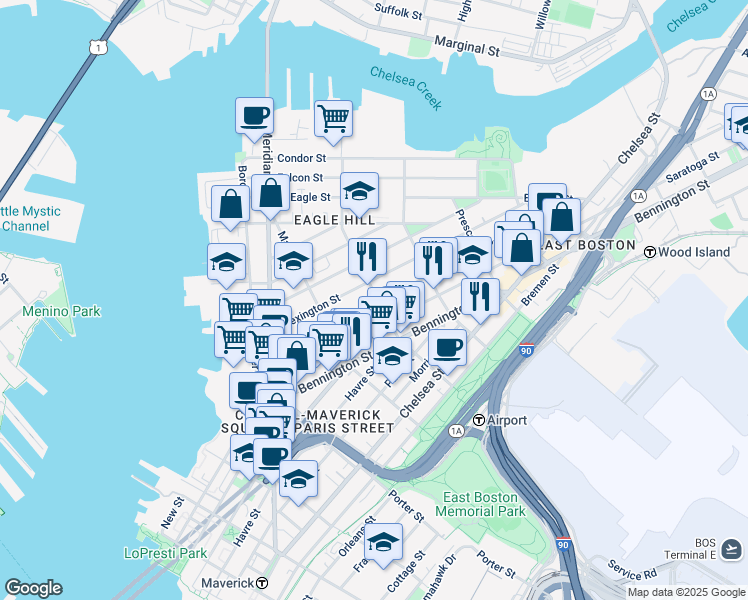 map of restaurants, bars, coffee shops, grocery stores, and more near 143 Princeton Street in Boston