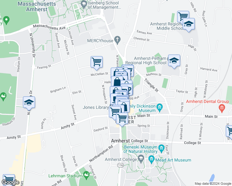 map of restaurants, bars, coffee shops, grocery stores, and more near 168 North Pleasant Street in Amherst