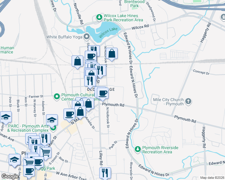 map of restaurants, bars, coffee shops, grocery stores, and more near 550 North Holbrook Street in Plymouth
