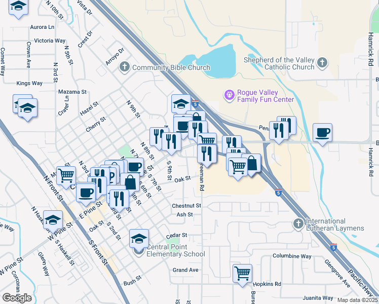 map of restaurants, bars, coffee shops, grocery stores, and more near 1014 East Pine Street in Central Point