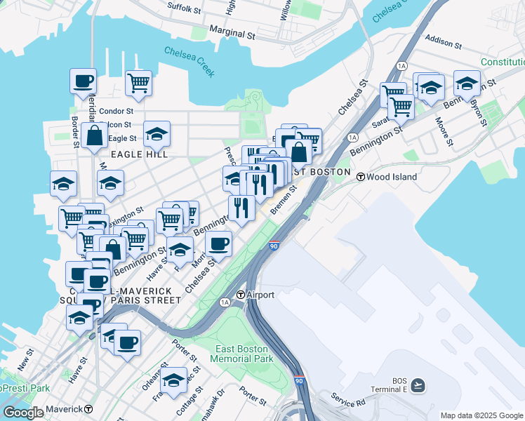 map of restaurants, bars, coffee shops, grocery stores, and more near 354 Chelsea Street in Boston