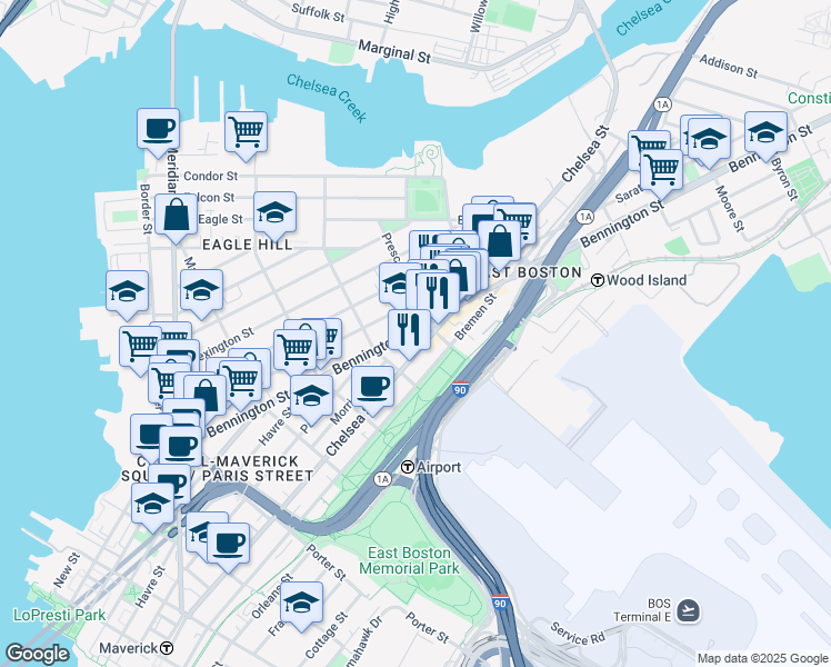 map of restaurants, bars, coffee shops, grocery stores, and more near 354 Chelsea Street in Boston