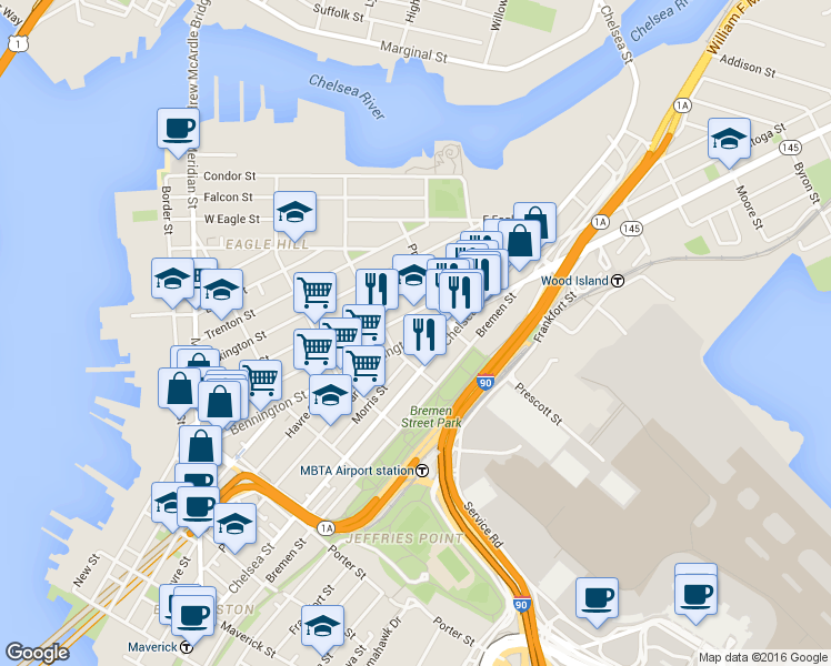 map of restaurants, bars, coffee shops, grocery stores, and more near 216 Bennington Street in Boston
