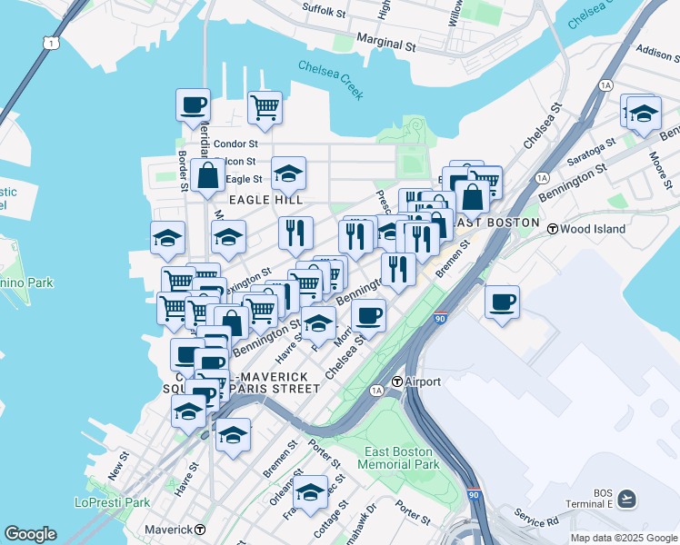 map of restaurants, bars, coffee shops, grocery stores, and more near 245 Saratoga Street in Boston