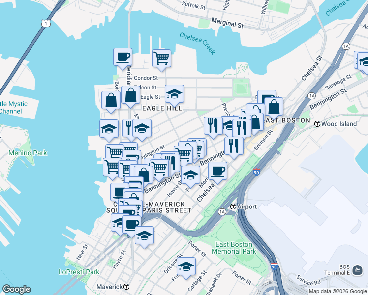 map of restaurants, bars, coffee shops, grocery stores, and more near 143 Princeton Street in Boston