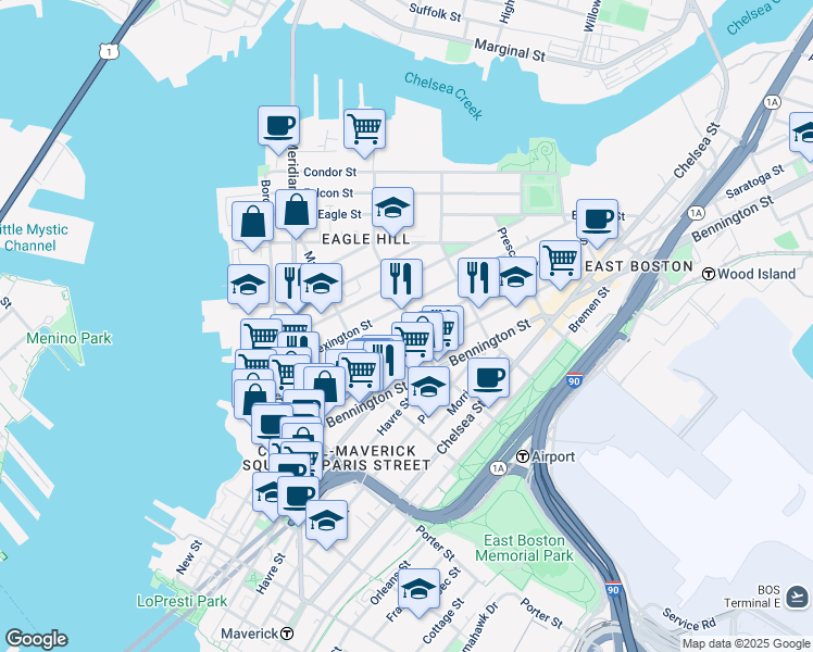 map of restaurants, bars, coffee shops, grocery stores, and more near 129 Lexington Street in Boston
