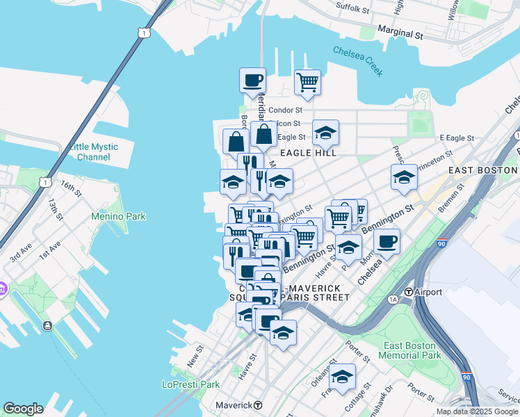 map of restaurants, bars, coffee shops, grocery stores, and more near 307 Border Street in Boston