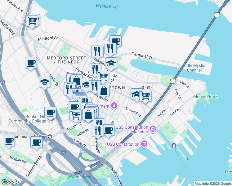 map of restaurants, bars, coffee shops, grocery stores, and more near in Boston