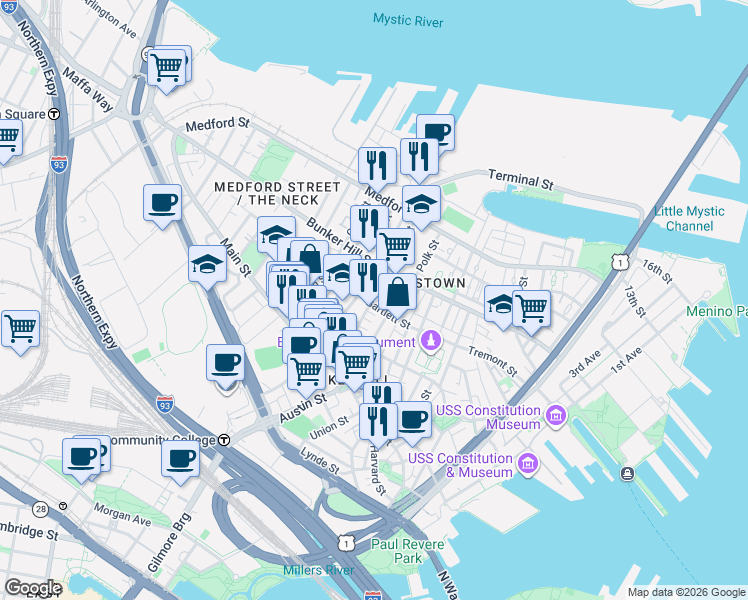 map of restaurants, bars, coffee shops, grocery stores, and more near 65 Green Street in Boston