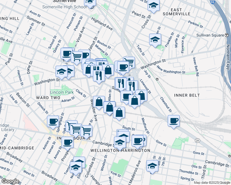 map of restaurants, bars, coffee shops, grocery stores, and more near 12 Linden Street in Somerville