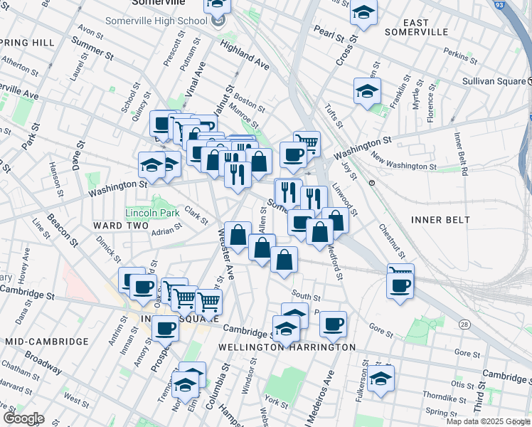 map of restaurants, bars, coffee shops, grocery stores, and more near 12 Linden Street in Somerville