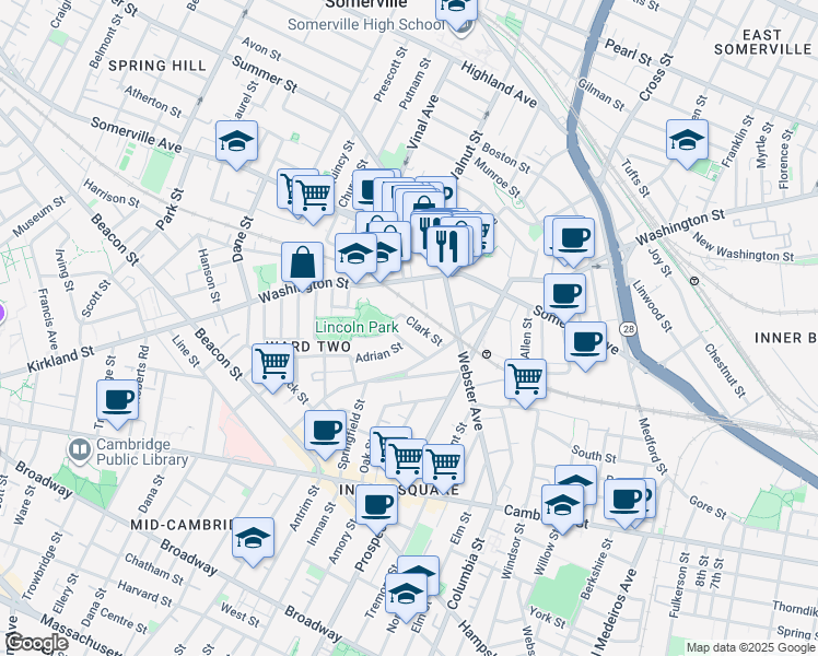 map of restaurants, bars, coffee shops, grocery stores, and more near 16 Lincoln Parkway in Somerville