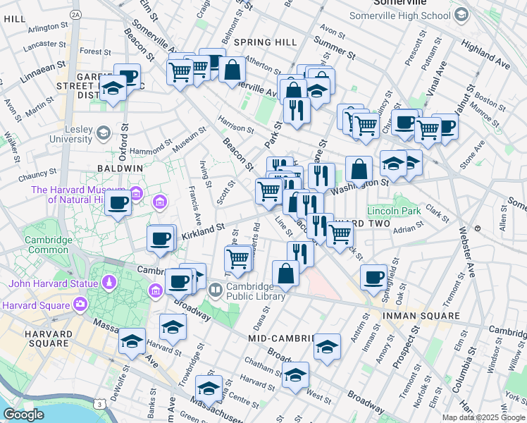 map of restaurants, bars, coffee shops, grocery stores, and more near 100 Kirkland Street in Cambridge