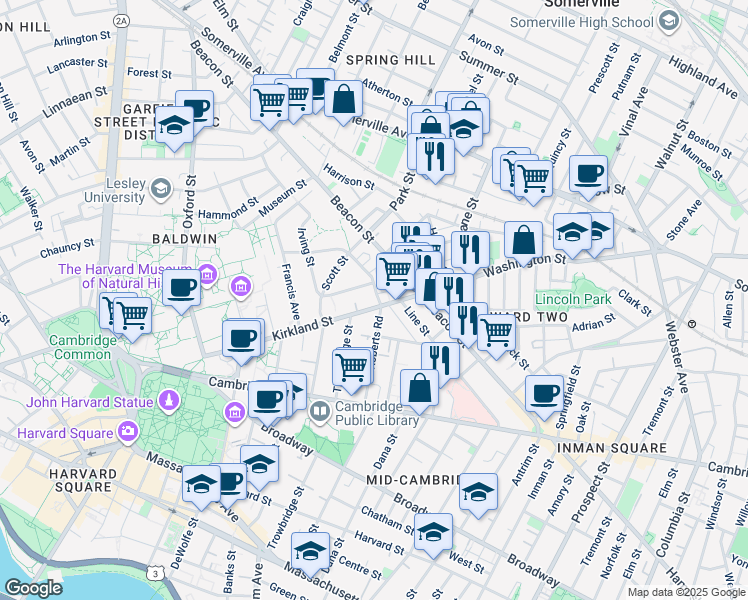 map of restaurants, bars, coffee shops, grocery stores, and more near in Cambridge