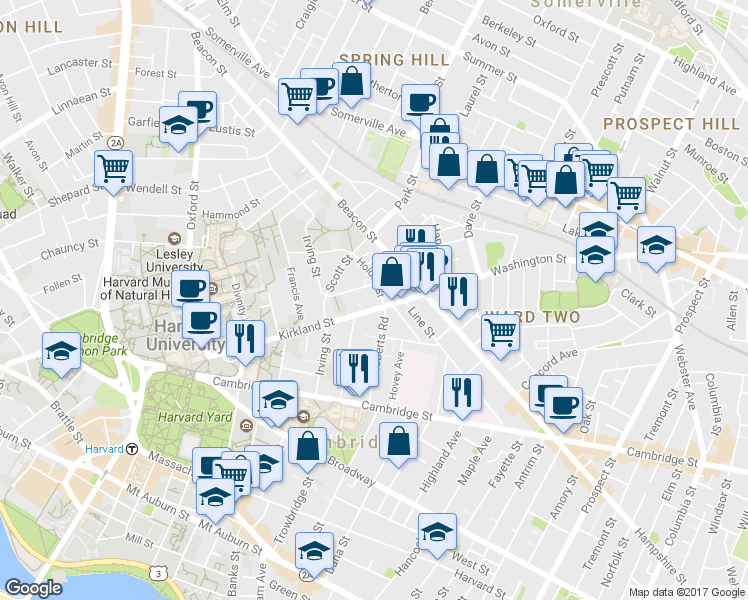 map of restaurants, bars, coffee shops, grocery stores, and more near in Cambridge