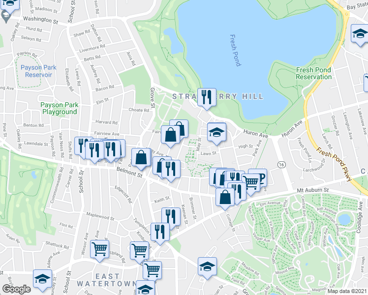 map of restaurants, bars, coffee shops, grocery stores, and more near 71 Oxford Circle in Belmont