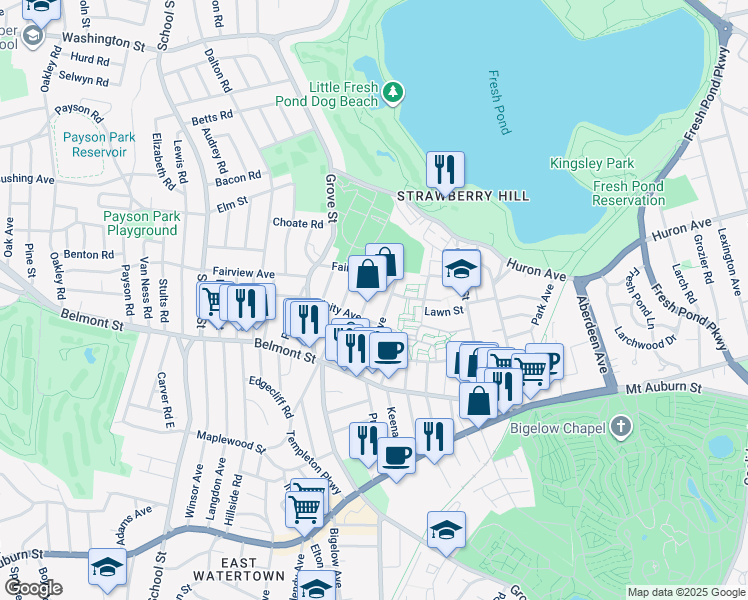 map of restaurants, bars, coffee shops, grocery stores, and more near 71 Oxford Circle in Belmont