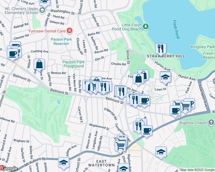 map of restaurants, bars, coffee shops, grocery stores, and more near 32 Springfield Street in Belmont