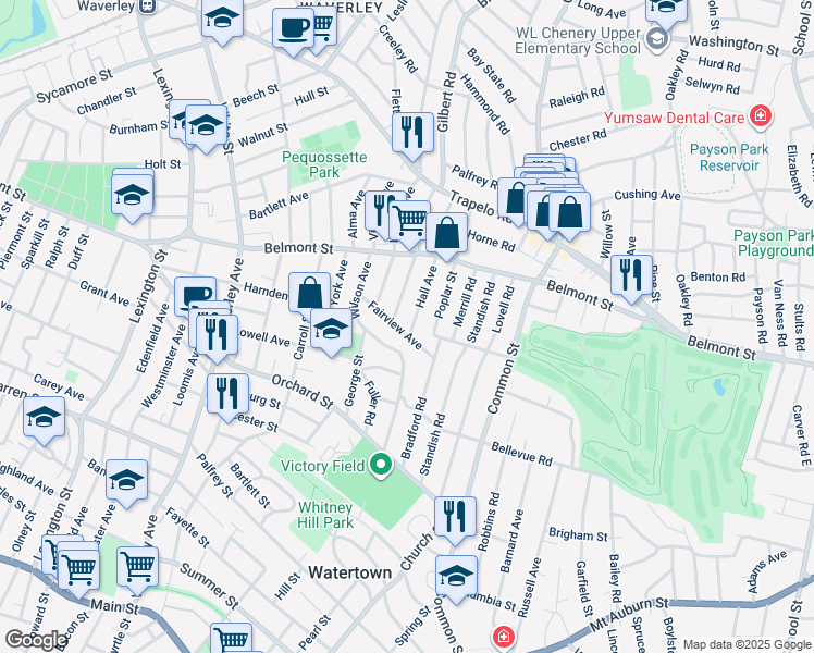 map of restaurants, bars, coffee shops, grocery stores, and more near 32 Fairview Avenue in Watertown