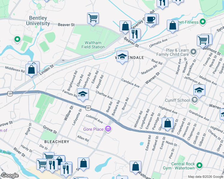 map of restaurants, bars, coffee shops, grocery stores, and more near 78 Beal Road in Waltham