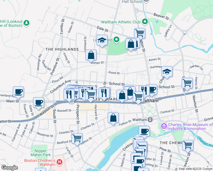 map of restaurants, bars, coffee shops, grocery stores, and more near 47b Bacon Street in Waltham